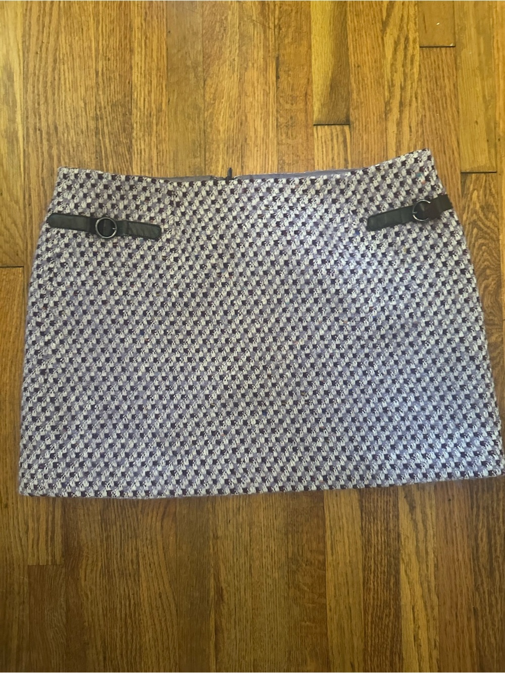 Milly Purple and White Houndstooth Mini Skirt with Brown Buckle Tabs